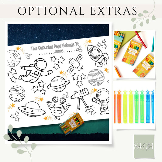 Personalised Space Colouring Placemat – Printed Outer Space Activity Mat for Kids – Custom Name Galaxy Party Favour – Rocket Birthday Table