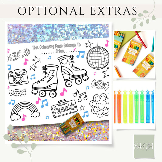 Personalised Roller Disco Colouring Placemat – Printed 80s Skating Party Activity – Custom Name Kids Party Favour – Retro Birthday Table Dec