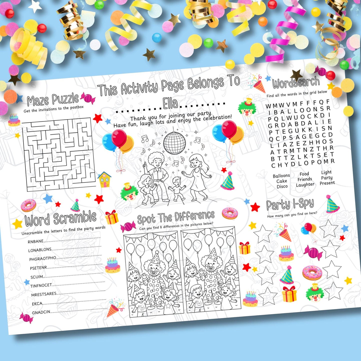 Personalised Party Activity Placemat – Printed Kids Birthday Table Game – Custom Name – Party Bag Favour – Children’s Entertainment