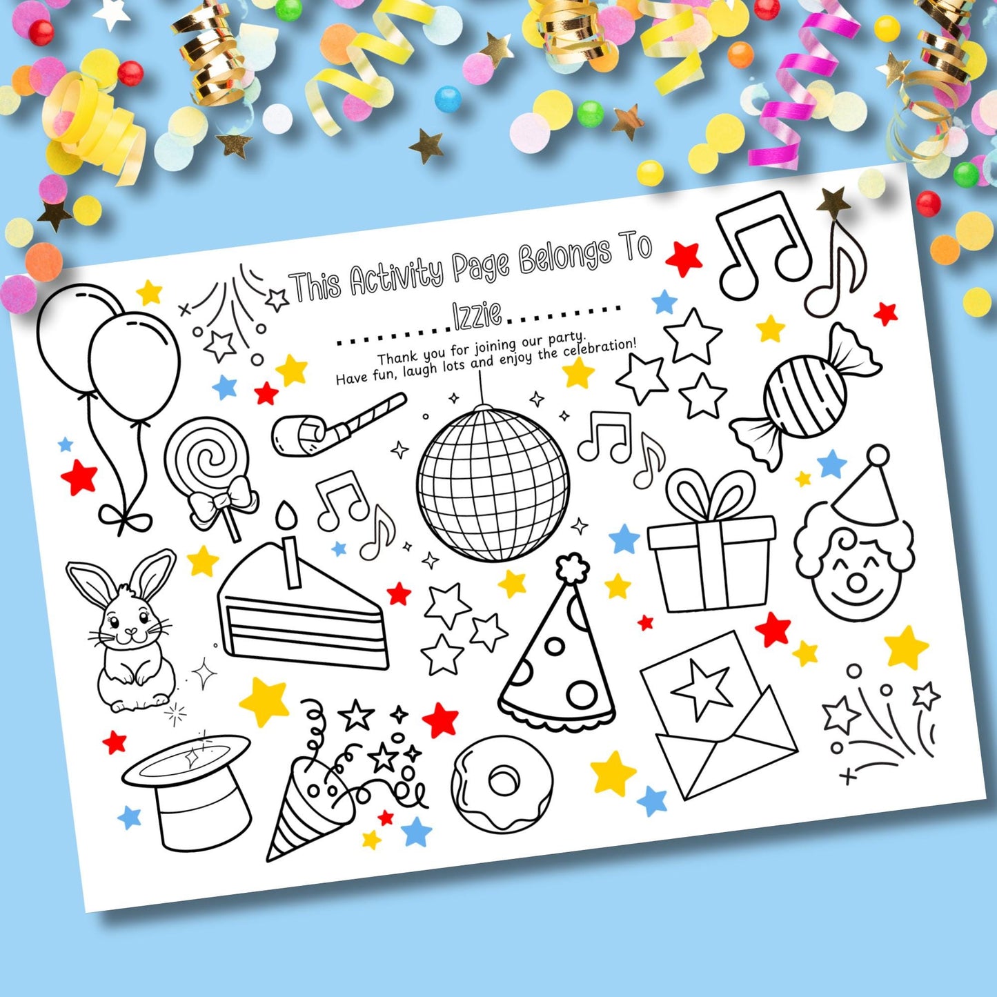 Personalised Party Colouring Placemat – Printed Birthday Table Activity for Kids – Custom Name Party Favour – Children’s Colouring Mat
