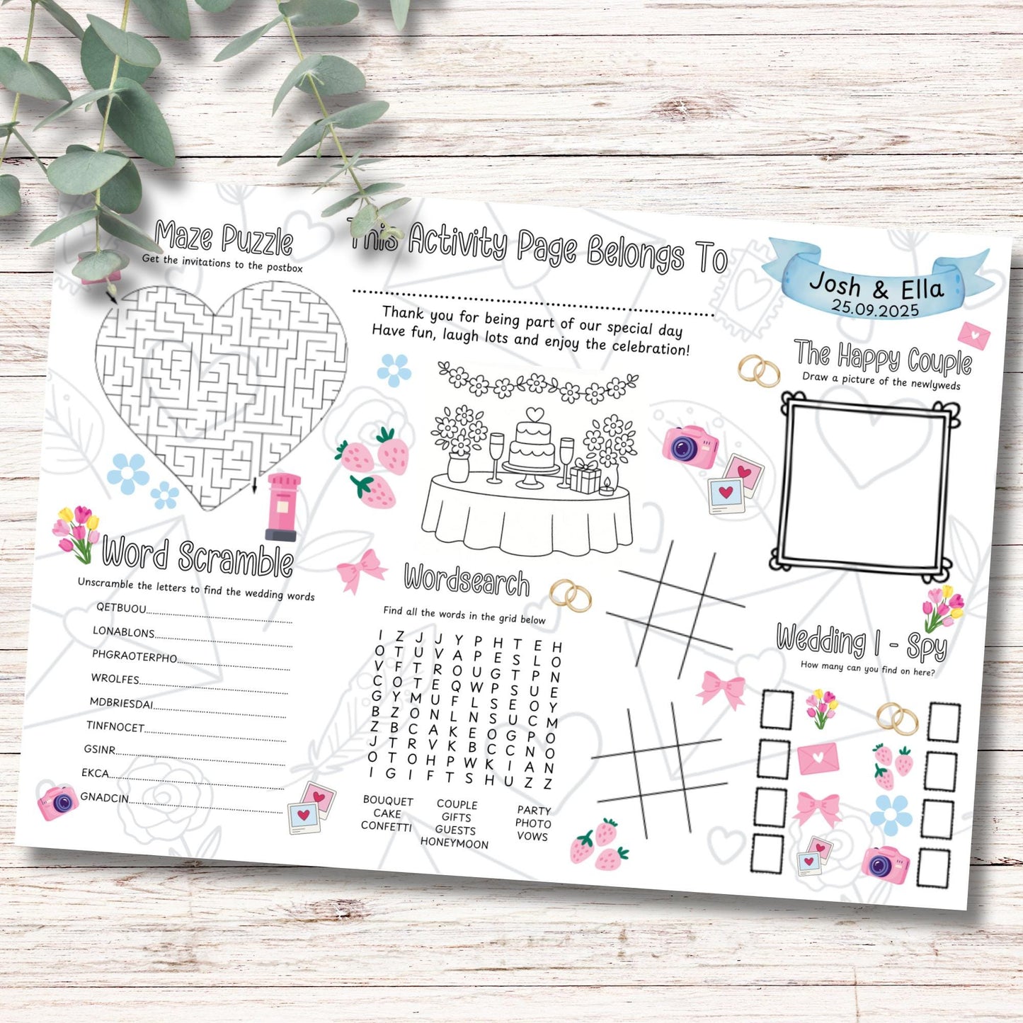 Personalised Wedding Activity Placemat – Printed Kids Wedding Game – Custom Name & Date – Wedding Reception Table Entertainment