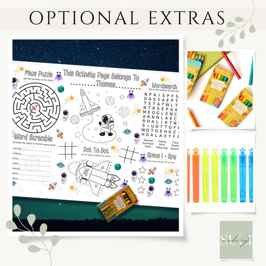 Personalised Space Activity Placemat – Custom Name Outer Space Colouring Sheet – Kids Galaxy Party Game – Printed – Birthday Favour