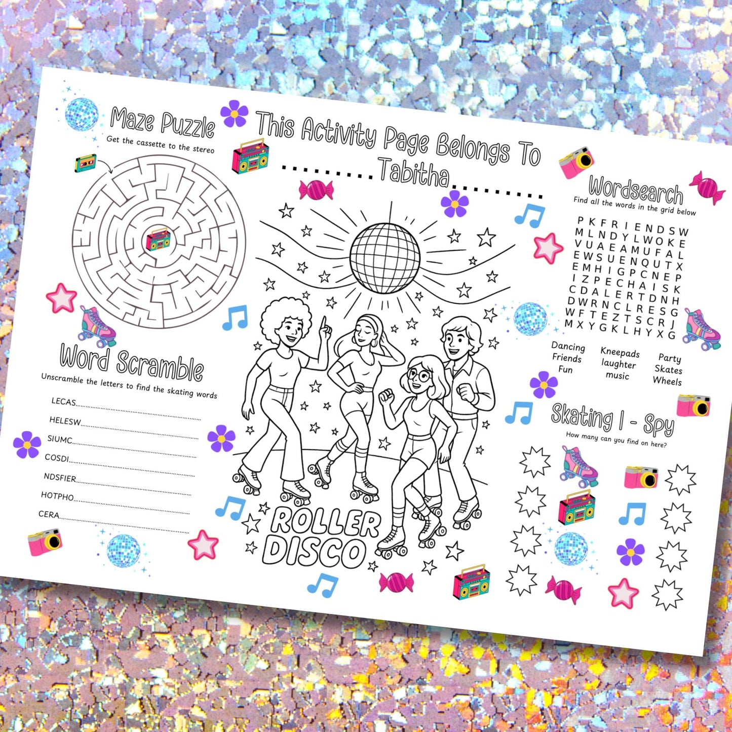 Personalised Roller Disco Activity Placemat – Printed 80s Roller Skating Party Game – Custom Name Colouring Sheet – Kids Disco Party Favour
