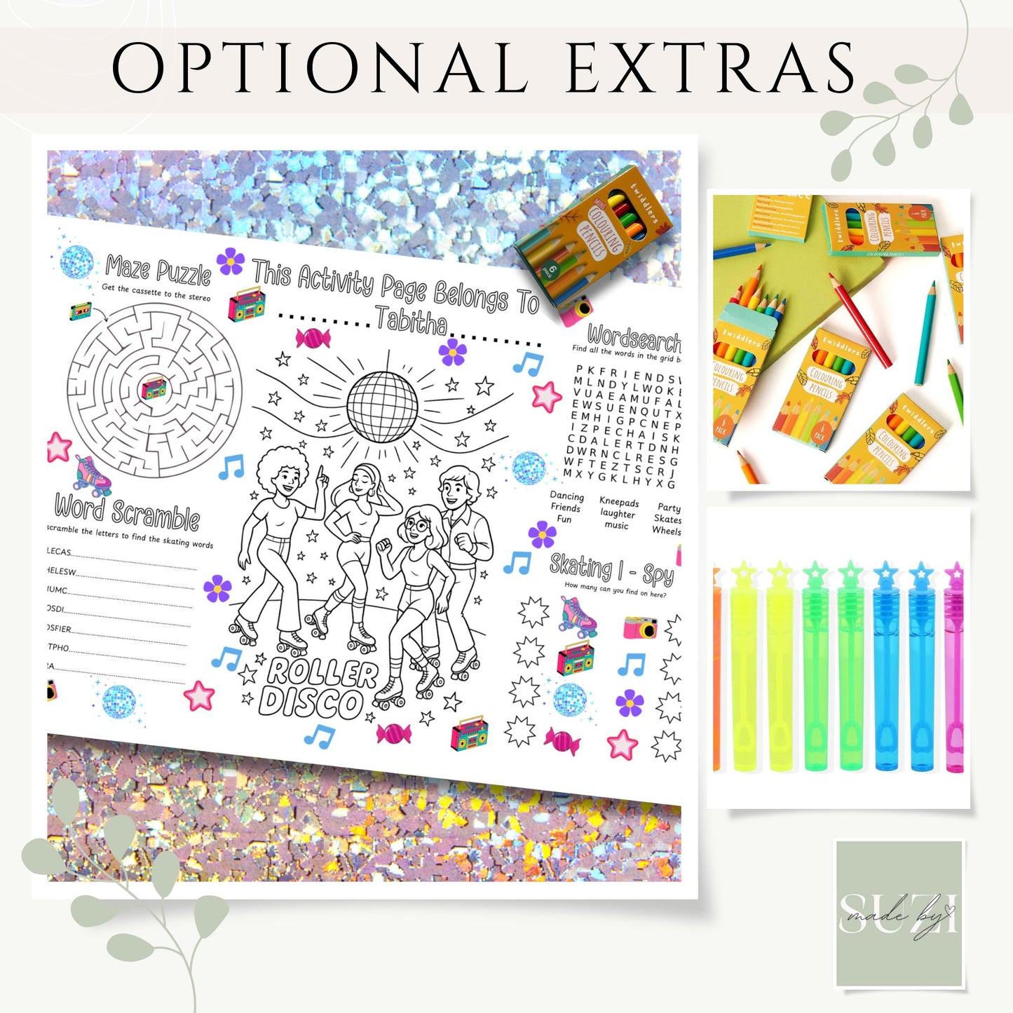 Personalised Roller Disco Activity Placemat – Printed 80s Roller Skating Party Game – Custom Name Colouring Sheet – Kids Disco Party Favour