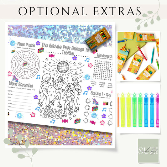 Personalised Roller Disco Activity Placemat – Printed 80s Roller Skating Party Game – Custom Name Colouring Sheet – Kids Disco Party Favour