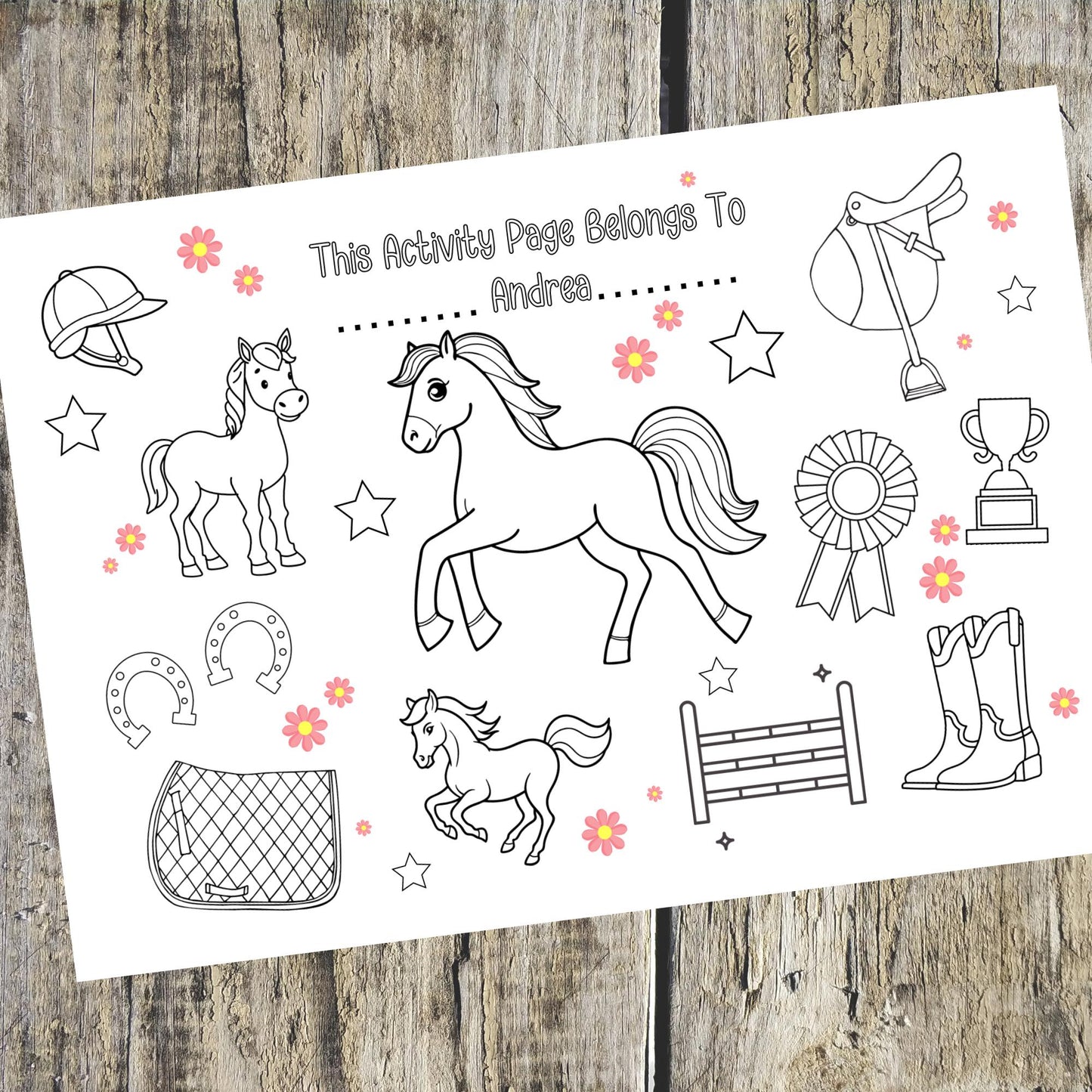 Personalised Horse Colouring Placemat – Printed Pony Activity Mat – Custom Name Party Favour – Equestrian Birthday Table Decor