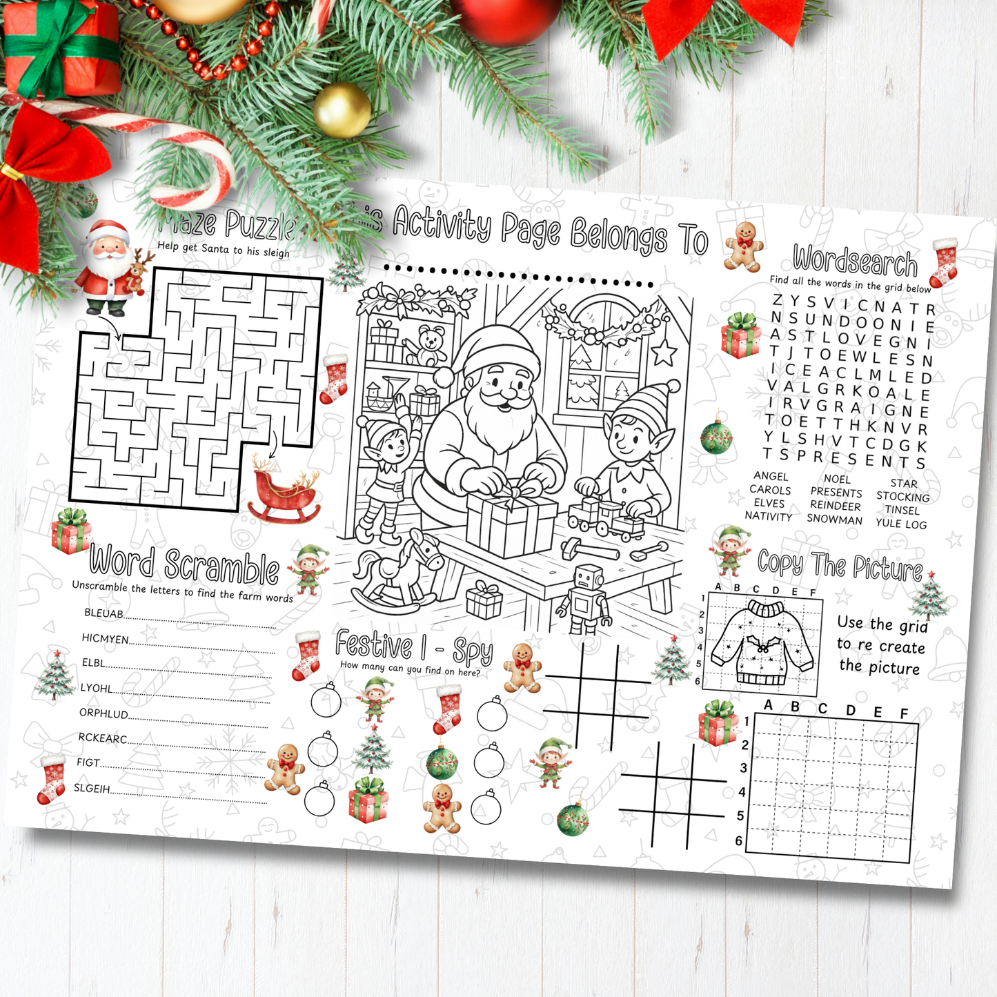 Personalised Christmas Activity Placemat for Kids | Holiday Colouring Mat | Custom Name Christmas Gift | Santa Activity Dinner Table Fun