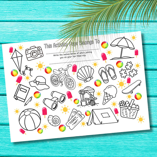 Personalised Vacation Colouring Placemat – Printed Travel Activity for Kids – Custom Name Holiday Table Mat – Road Trip Entertainment