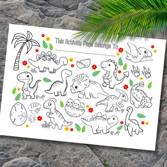 Personalised Dinosaur Colouring Placemat – Printed Dino Activity Mat for Kids – Custom Name Party Favour – Birthday Table Setting