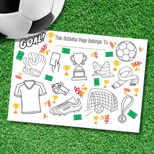 Personalised Football Colouring Placemat – Printed Soccer Activity Mat for Kids – Custom Name Party Favour – Birthday Table Setting