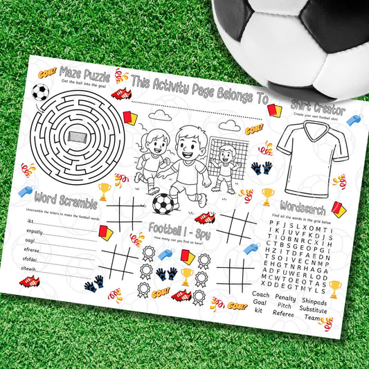 Personalised Football Activity Placemat – Kids football Games – Custom Name Party Table Mat – Printed – Football Birthday party