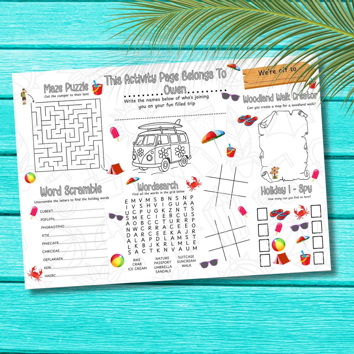 Personalised Vacation Activity Placemat – Custom Name Travel Coloring Mat for Kids – Printed Road Trip Games – Plane or Car Entertainment