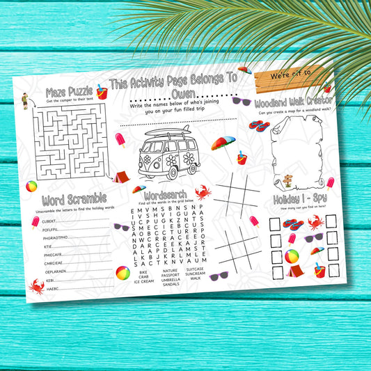 Personalised Vacation Activity Placemat – Custom Name Travel Coloring Mat for Kids – Printed Road Trip Games – Plane or Car Entertainment