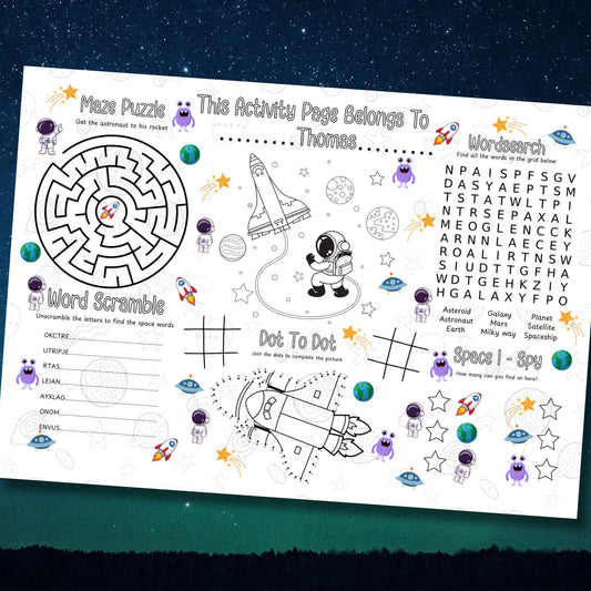 Personalised Space Activity Placemat – Custom Name Outer Space Colouring Sheet – Kids Galaxy Party Game – Printed – Birthday Favour