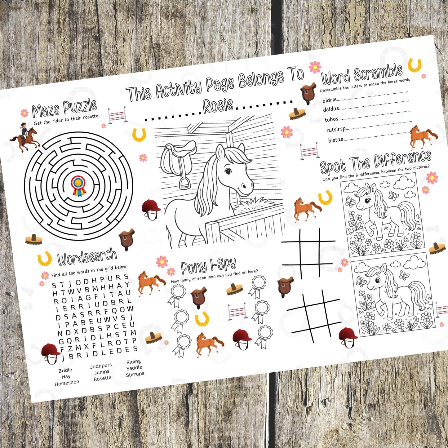 Personalised Horse Activity Placemat – Custom Name Pony Colouring Mat – Printed Kids Equestrian Party Favour – Horse Activity Sheet