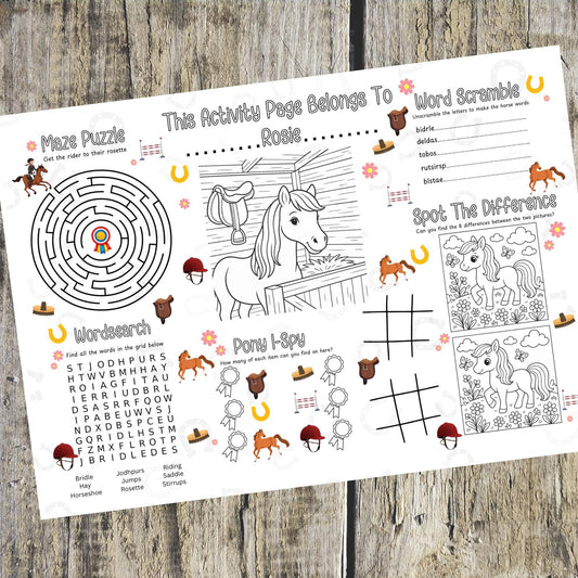 Personalised Horse Activity Placemat – Custom Name Pony Colouring Mat – Printed Kids Equestrian Party Favour – Horse Activity Sheet