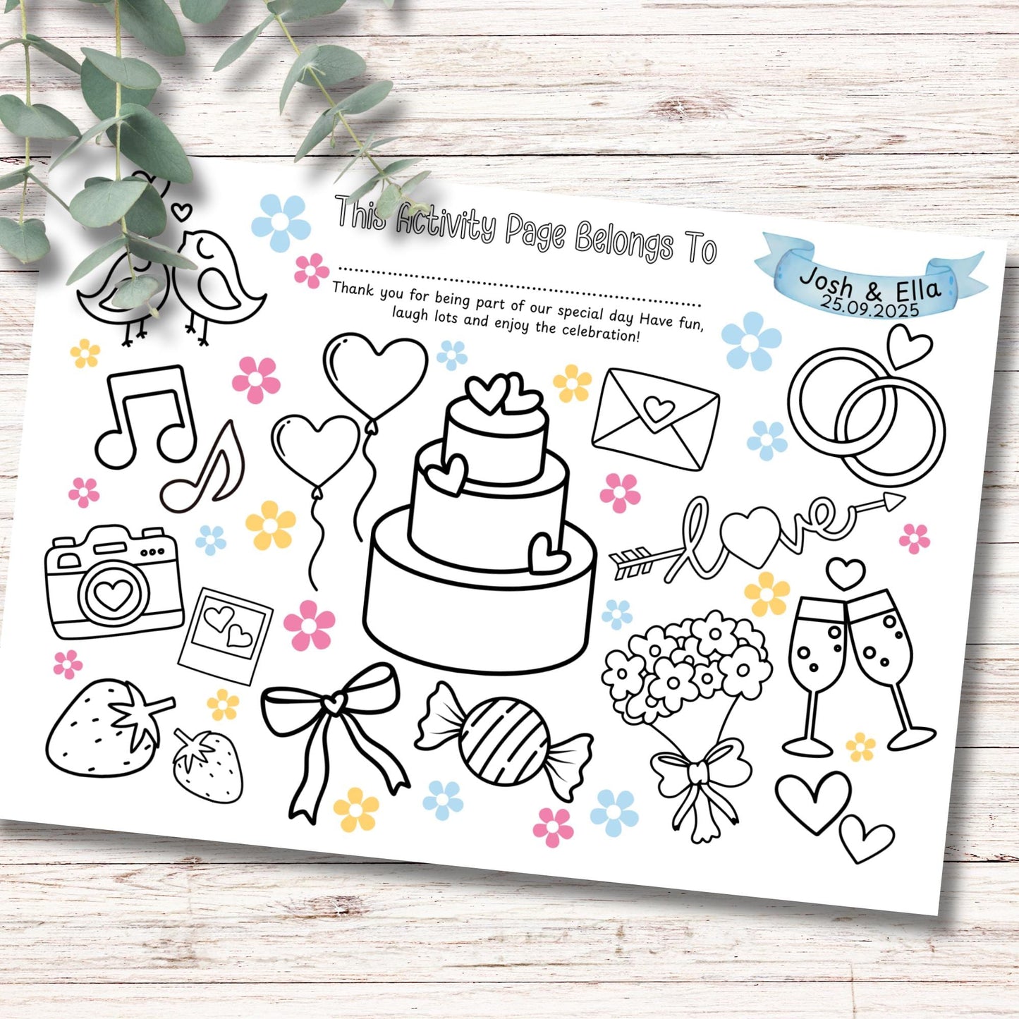 Personalised Wedding Colouring Placemat for Kids – Printed Custom Name Activity Mat – Wedding Table Entertainment – Children’s Favour