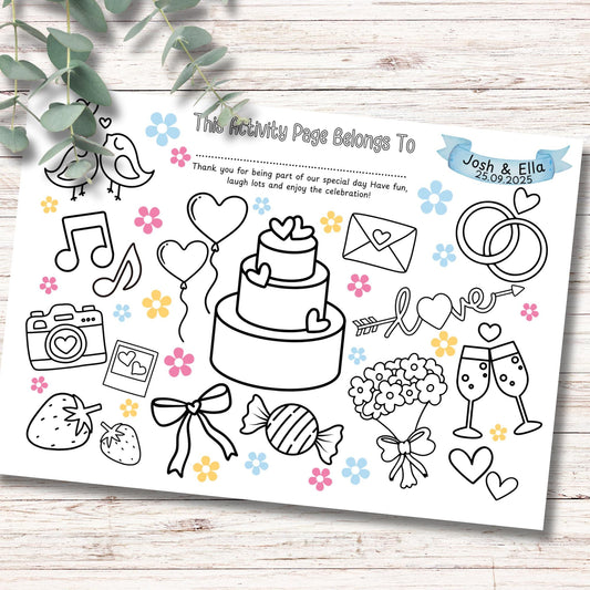 Personalised Wedding Colouring Placemat for Kids – Printed Custom Name Activity Mat – Wedding Table Entertainment – Children’s Favour