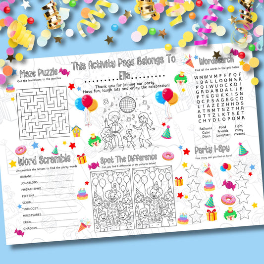 Personalised Party Activity Placemat – Printed Kids Birthday Table Game – Custom Name – Party Bag Favour – Children’s Entertainment