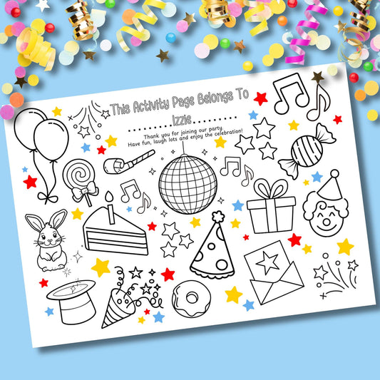 Personalised Party Colouring Placemat – Printed Birthday Table Activity for Kids – Custom Name Party Favour – Children’s Colouring Mat