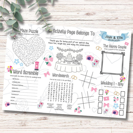 Personalised Wedding Activity Placemat – Printed Kids Wedding Game – Custom Name & Date –  Wedding Reception Table Entertainment