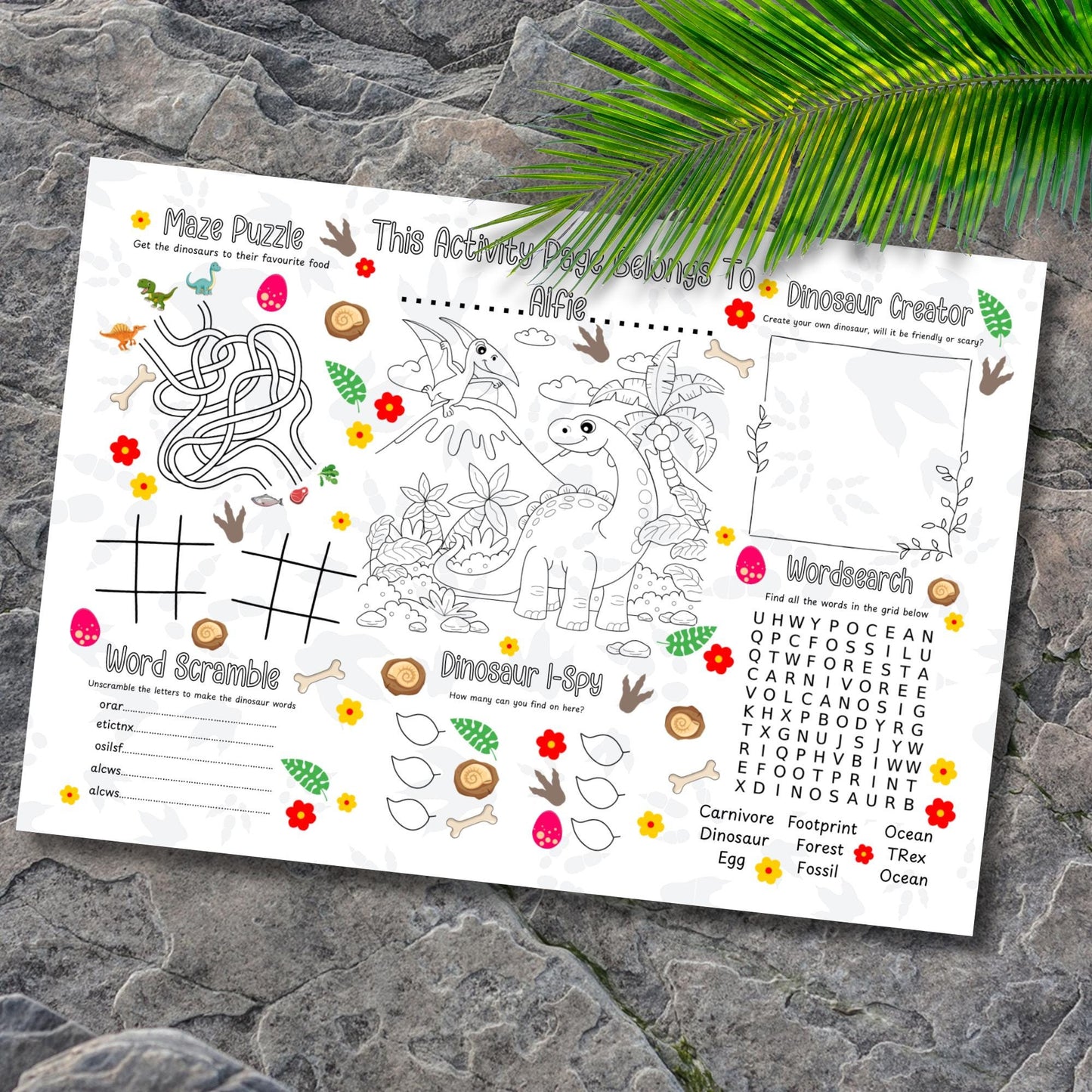 Personalised Dinosaur Activity Placemat – Printed Kids Dinosaur Colouring Sheet – Custom Name – Birthday Party Activity Mat