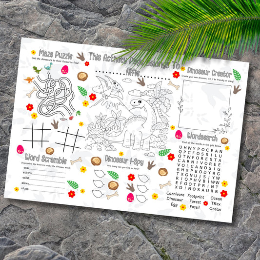 Personalised Dinosaur Activity Placemat – Printed Kids Dinosaur Colouring Sheet – Custom Name – Birthday Party Activity Mat