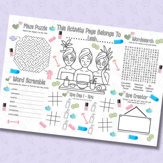 Personalised Spa Activity Placemat – Printed Kids Pamper Party Game – Custom Name Colouring Sheet – Spa Birthday Party Favour