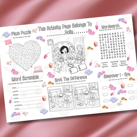 Personalised Sleepover Activity Placemat – Printed Slumber Party Colouring Sheet – Custom Name Kids Game – Sleepover Party Favour