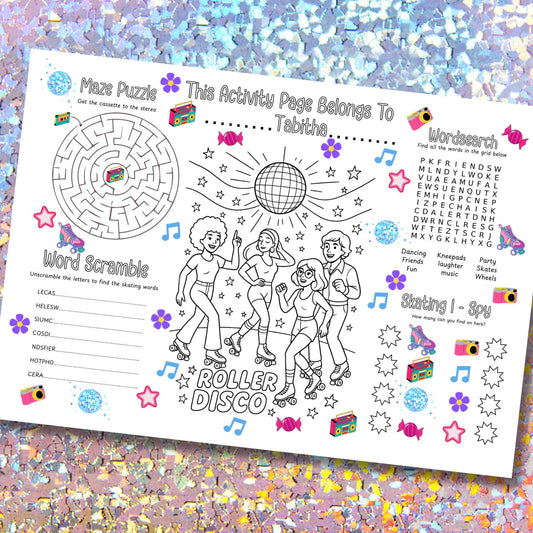 Personalised Roller Disco Activity Placemat – Printed 80s Roller Skating Party Game – Custom Name Colouring Sheet – Kids Disco Party Favour