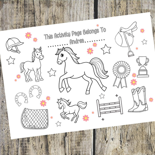Personalised Horse Colouring Placemat – Printed Pony Activity Mat – Custom Name Party Favour – Equestrian Birthday Table Decor