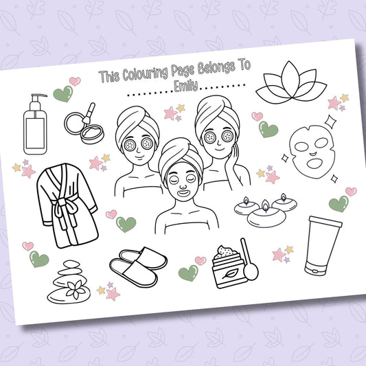 Personalised Spa Colouring Placemat – Printed Spa Party Activity Mat for Girls – Custom Name Kids Birthday Favour – Pamper Party Table Decor