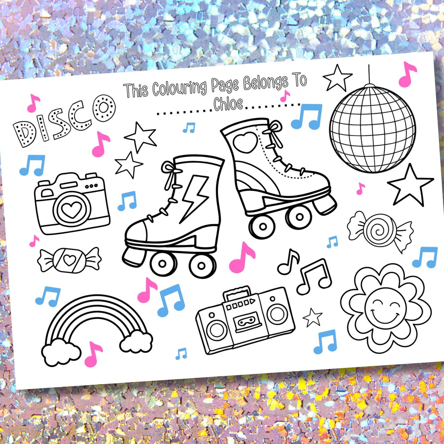 Personalised Roller Disco Colouring Placemat – Printed 80s Skating Party Activity – Custom Name Kids Party Favour – Retro Birthday Table Dec