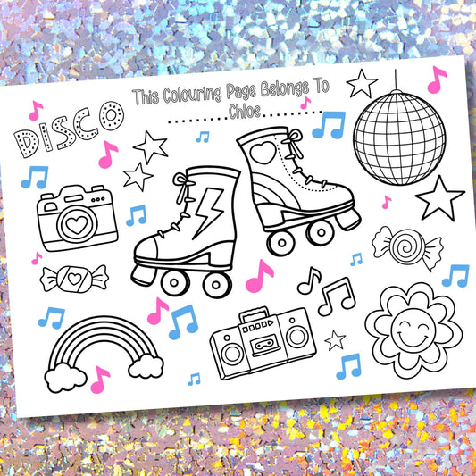 Personalised Roller Disco Colouring Placemat – Printed 80s Skating Party Activity – Custom Name Kids Party Favour – Retro Birthday Table Dec