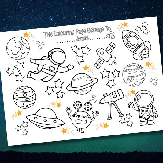 Personalised Space Colouring Placemat – Printed Outer Space Activity Mat for Kids – Custom Name Galaxy Party Favour – Rocket Birthday Table