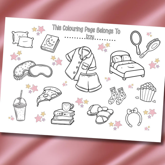 Personalised Sleepover Colouring Placemat – Printed Slumber Party Activity for Kids – Custom Name Pyjama Party Favour